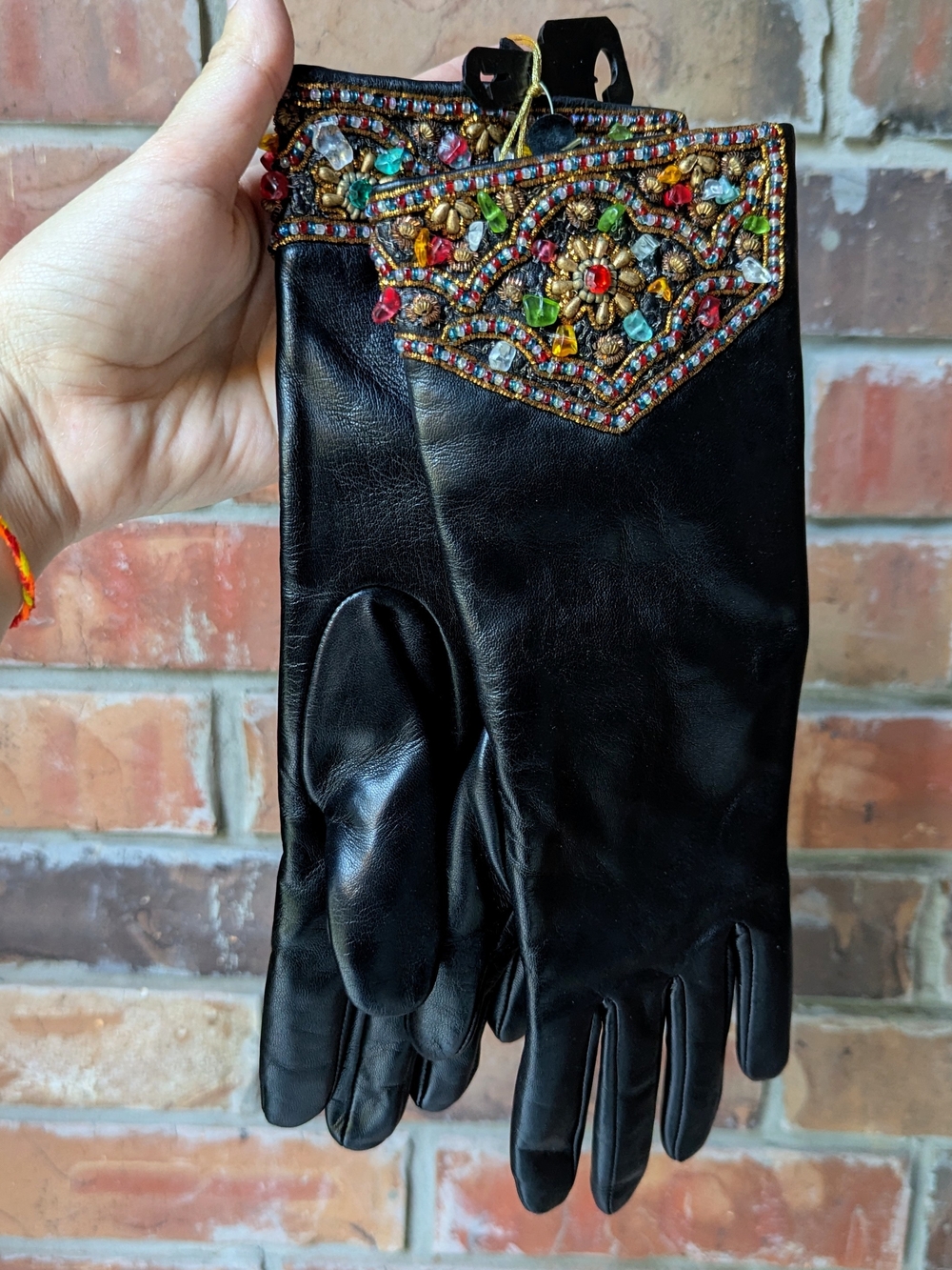 VTG Black Leather Beaded Embroidered Gloves Jeweled Crystal Glass India Costume